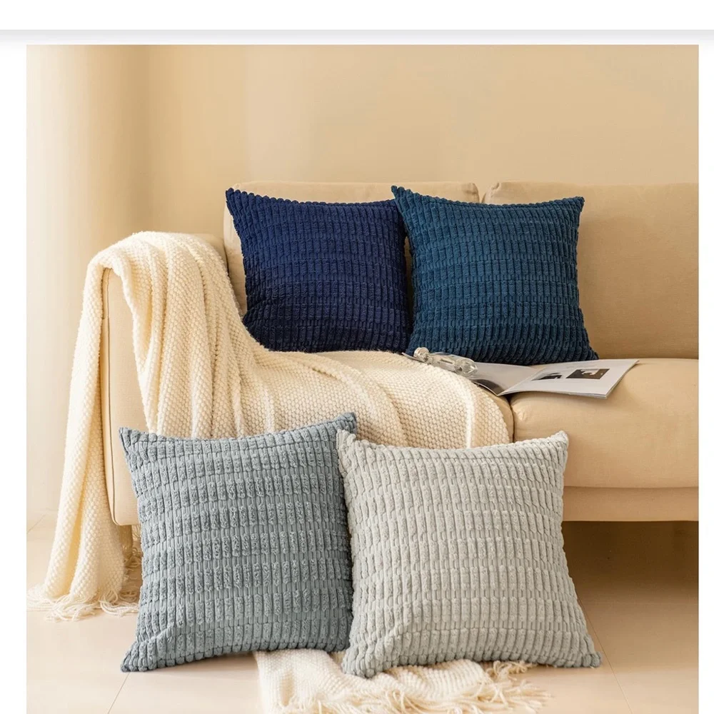 Corduroy Soft Striped Farmhouse SQUARE Throw Pillow Covers 18x18” BLUE (4-pack)